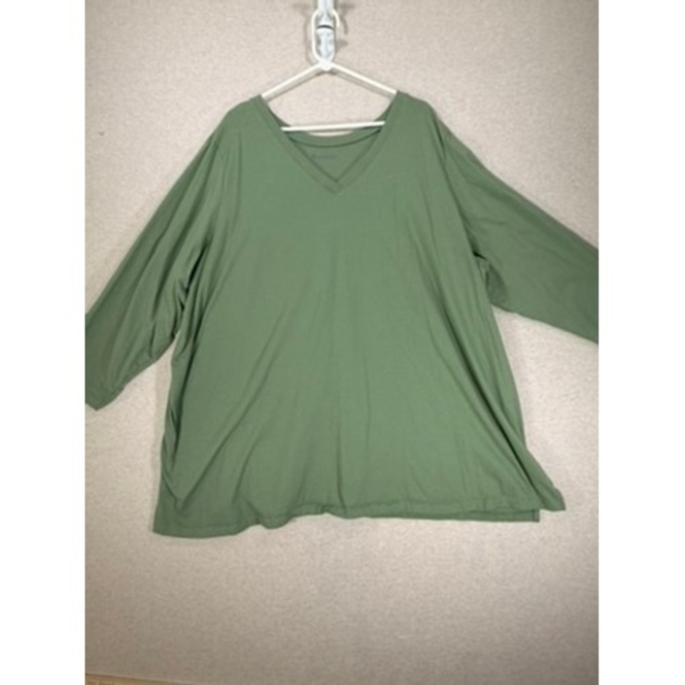 Roaman's V-Neck T-Shirt Women 5X Sage Green Excellent 3/4 Sleeve Cotton Knit